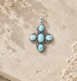 5-stone Natural Larimar Cross Silver 2.3” Pendant