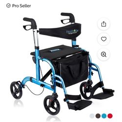 Health Line Massage Products 2 in 1 Rollator Walker-Transport Chair Combo with Padded Seat, Rolling Walker for Seniors with Reversible Backrest and De