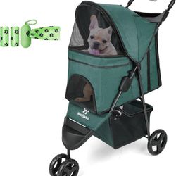 Pet Strollers for Small Medium Dogs & Cats, Foldable Dog Cat Stroller, 3-Wheel Cat Stroller, Travel Stroller with Storage Basket + Cup Holder, Traveli