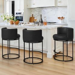 Set of 3 Swivel Bar Stools, 26.8" Counter Height Bar Stools, 180° , Barrel Counter Stools, Faux Leather, Black