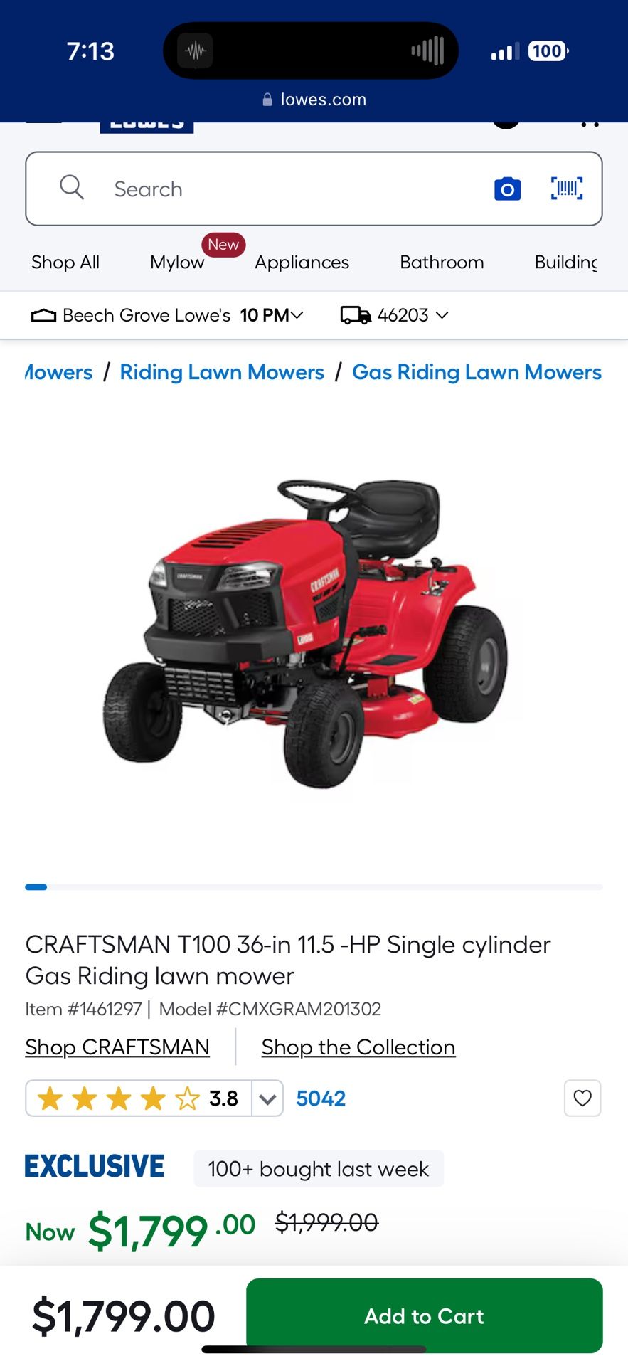 Craftsman T100 Grass Riding Lawn Mower