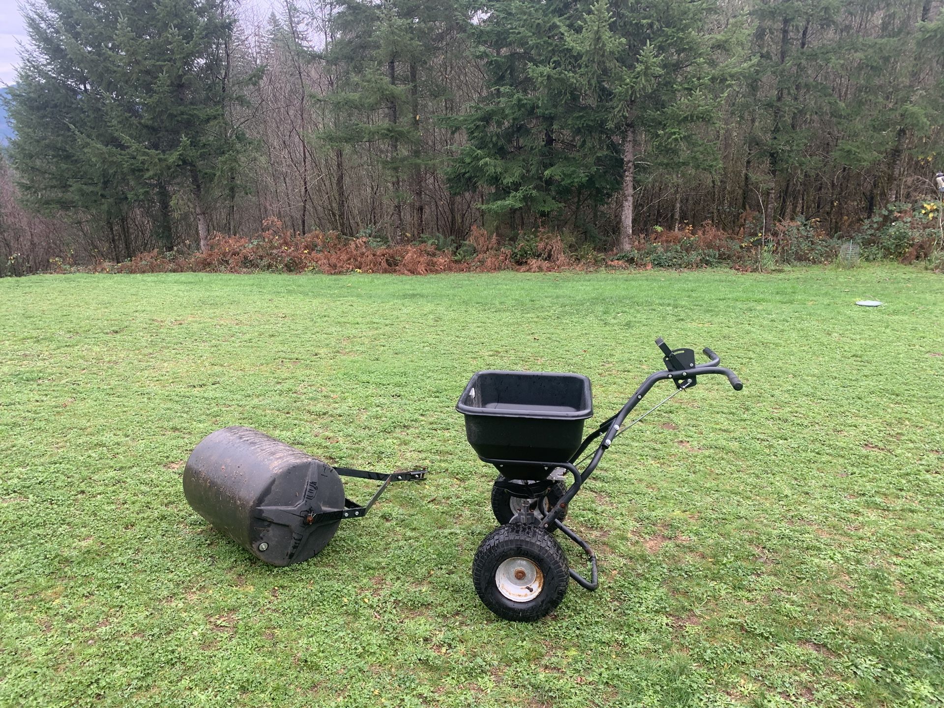 Broadcast Spreader and Drum Lawn Roller