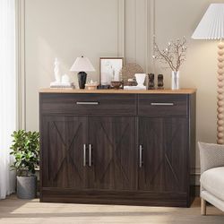 42.5”Modern Farmhouse Sideboard Buffet Cabinet,Barn Doors Buffet Cabinet with 2 Drawers & 3 Doors,Wood Coffee Bar Cabinet with Adjustable Shelf for Ki
