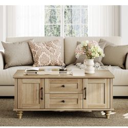 Farmhouse Coffee Table with Storage Cabinet, Wooden Coffee Tables for Living Room, Rustic Tea Table Rectangle Center Table with Drawers for Home 