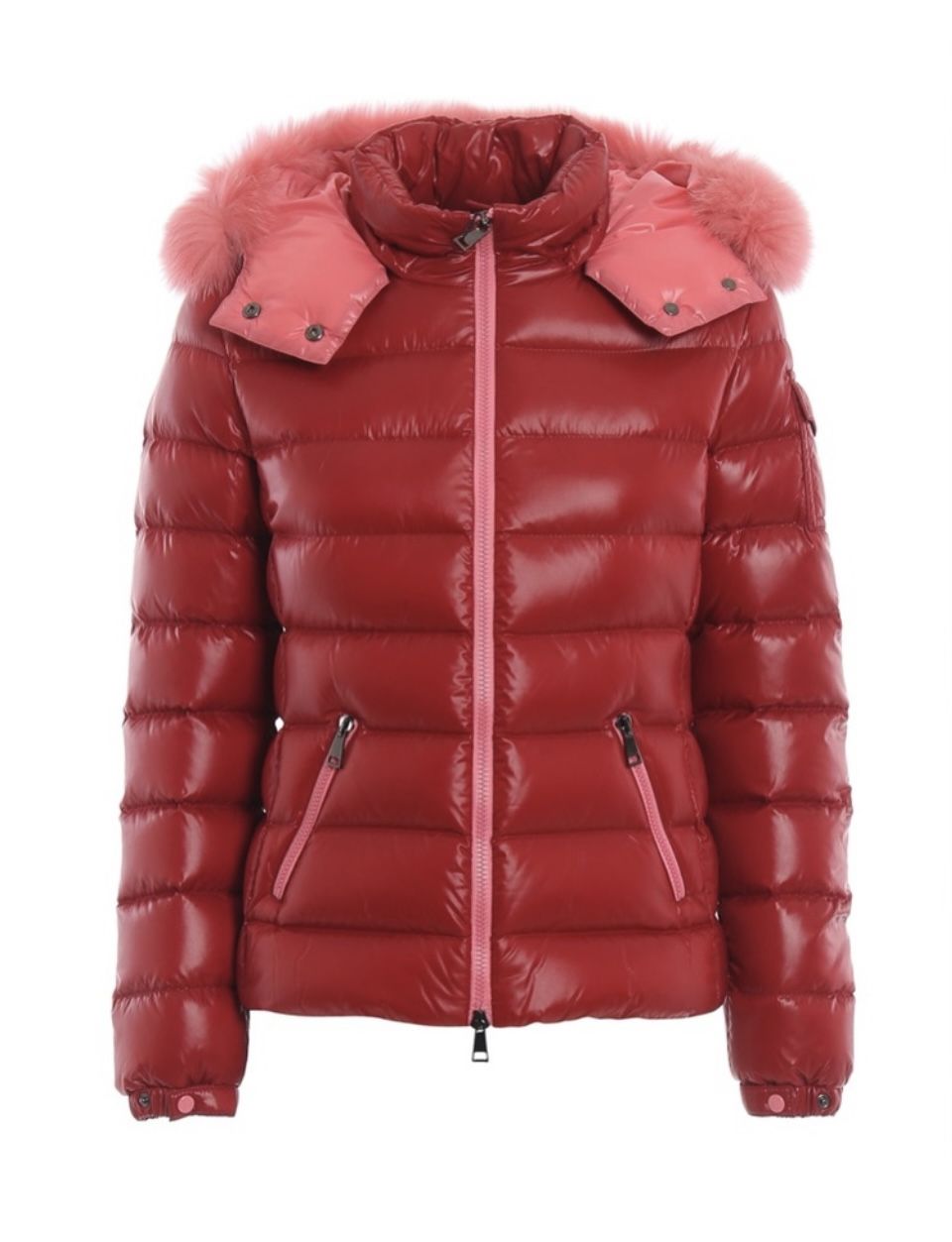 Moncler Badyfur Red Glossy Puffer Jacket with pink fur Detachable Size 0, XS