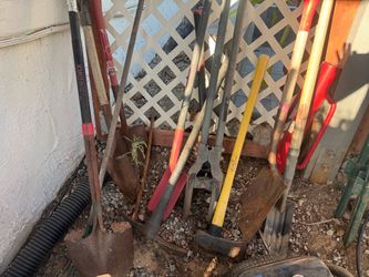 Assortment of shovels, pick axes etc