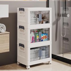 OlarHike 23QT Storage Boxes - Folding Storage box with Doors and Wheels, Collapsible Plastic Storage Bins for Closets, Stackable Storage Organizer, St