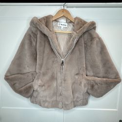 The Drop, Women’s Sloane Faux Fur, Bomber Jacket, Hooded, Zip Front, Color: Goldust, Size L
