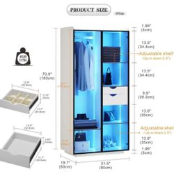 🥨Wardrobe Closet with 2 Glass Doors and LED Lights.Wardrobe Closet with 3 Drawers and Hanging Rail, Clothing Organizer for Bedroom White 