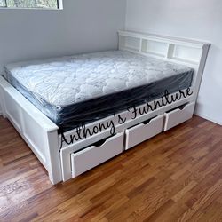 White Solid Wood Queen Bed & Bamboo Mattress + Drawers 