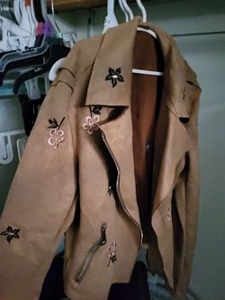 Tan Suede Floral Embroidered Moto Jacket