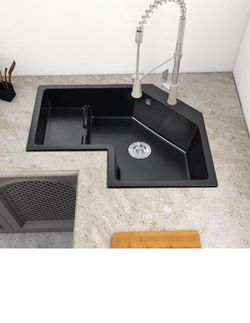 LOVEDIMA 32" Black Drop In Corner Kitchen Sink,Single Bowl Quartz Irregular Left Sink with Drain Pipe and Overflow