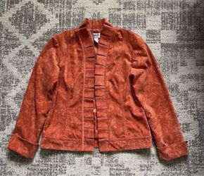 Chico’s Orange Brocade Embossed Bohemian Corduroy Open Ruffle jacket- size 1 (Medium)