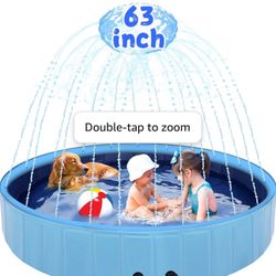63" Large Dog Pool with Sprinkler, 2-in-1 Foldable Swimming Pool 