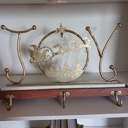 Weighted “JOY” Christmas Stocking Holder – Gold Metal & Wood Mantel Hook