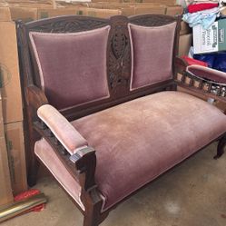 Antique Mahogany Wood Sofa Chair Set Velvet 