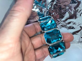 Blue Crystal Statement Bracelet Silver Tone
