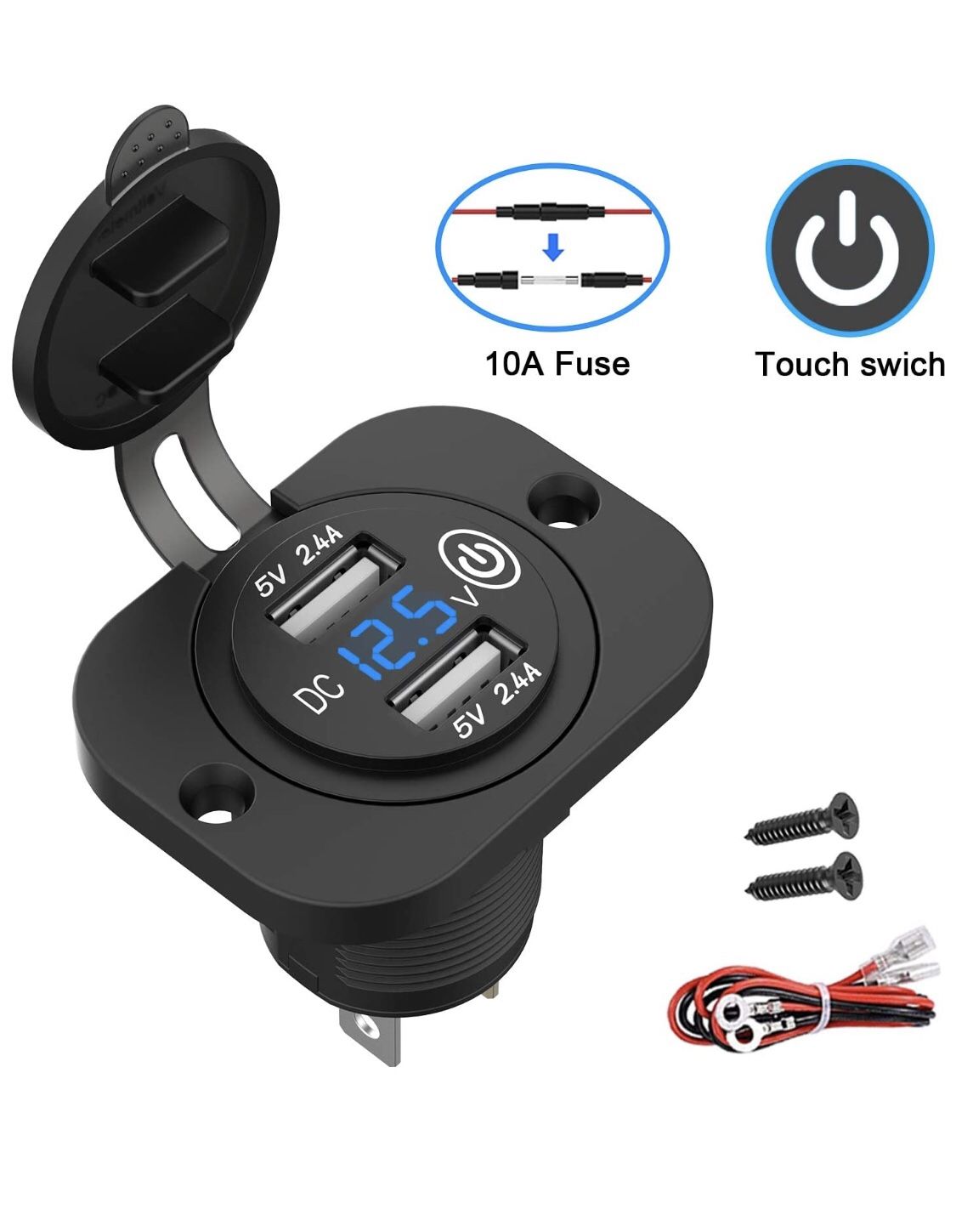 12V/24V USB Socket Outlet with Touch Switch and Digital Voltmeter, Dual 2.4A USB Car Charger with Waterproof Cover and Panel for Motorcycle ATV Campe