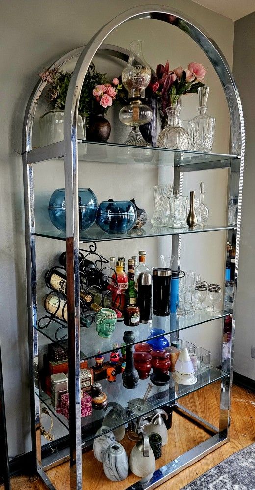 Antique Chrome Display Stand, with Glass Shelves