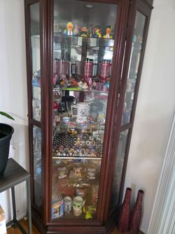 Dark Wood Glass Corner Curio Display Cabinet