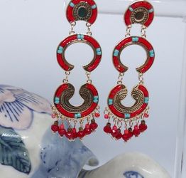 Delicate Alloy Medium Size Earrings For Women.    Blue, Red And Gold 