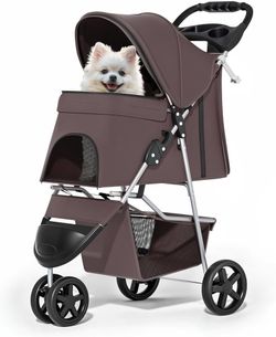 Foldable Dog Strollers for Small Dogs with Weather Cover, 3 Wheels Pet Strolling Cart for Dogs and Cats with Storage Basket and Cup Holder, Breathable