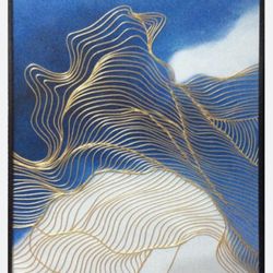 Abstract painting with gold lines and a blue sky painting
