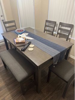 6-person dining table, 4 chairs and 1 bench