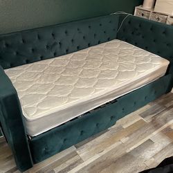 Dark Green Velvet Day Bed With Mattress With bottom drawers 