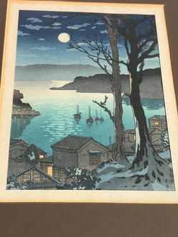 Japanese Woodblock Print Moonlit Harbor Scene