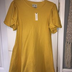 Anthropologie yellow gold color dress with puffy sleeves