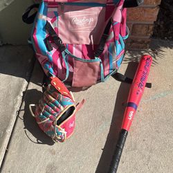 Pink And Blue Baseball Tball Softball Bag, Glove, Bat