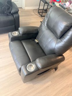 Gray Leather Power Recliner with Cup Holders