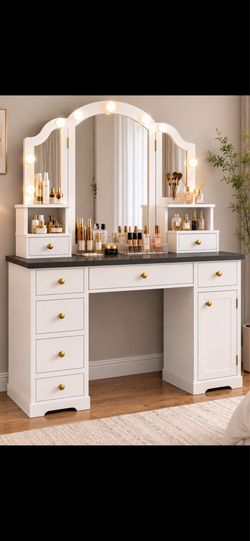 Elegant Victorian Vanity Desk with LED Mirror | White & Dark Gray