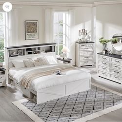 Farmhouse King Size Wood Bed Frame with LED