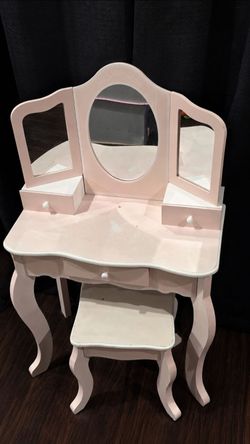 Pink Kids Vanity Table with Mirror & Stool – Pretend Makeup/Dress-Up