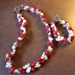 White Rice Pearl- Red Coral Twisted Wire Necklace And