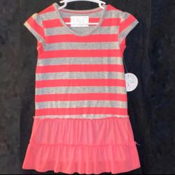 New Girls 5/6 Pink & Grey Striped Tunic Top with Tulle Skirted Trim