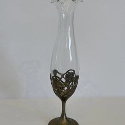 Vintage Clear Art Glass Bud Vase with Floweredal Shaped Opening Top 7" Tall