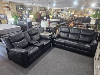 Brand new black synthetic leather manual reclining sofa + loveseat 2PCs set with cup holders