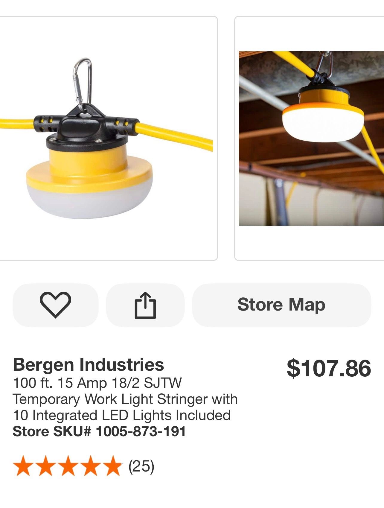 Bergen Industries 100 ft. 15 Amp 18/2 SJTW Temporary Work Light Stringer with 10 Integrated LED Lights Included