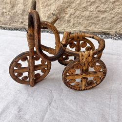 VINTAGE BOHO RATTAN BAMBOO BICYCLE TABLE TOP PLANT STAND 