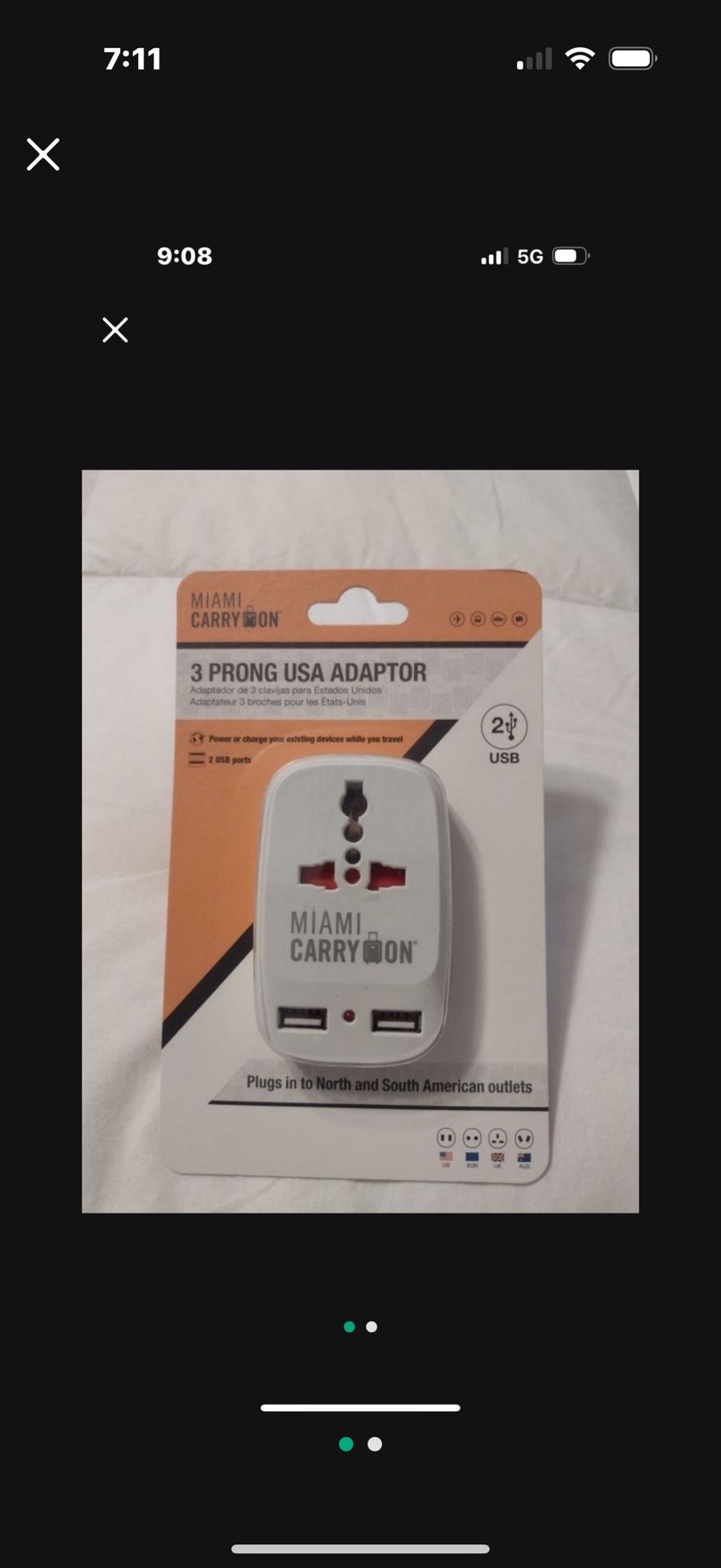 Miami Carry On 3 Prong Adapter Power Or Charge 2 USB Ports