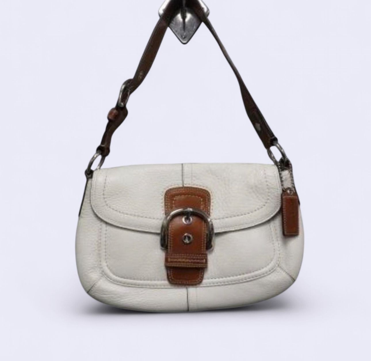 Coach Soho White and Brown Leather Buckle Flap Shoulder Bag - Vintage Y2K