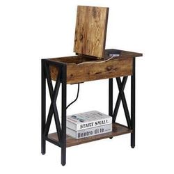 New Single Rustic Brown Side Table with Charging Station and Storage