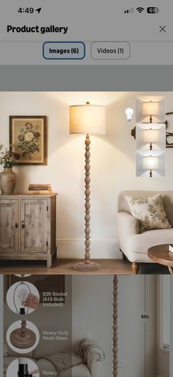 62" Farmhouse Floor Lamp for Living Room & Bedroom - Adjustable Color Temperature Standing Lamp, Vintage Rustic Tall Floor Lamps with Rotary Switch, R