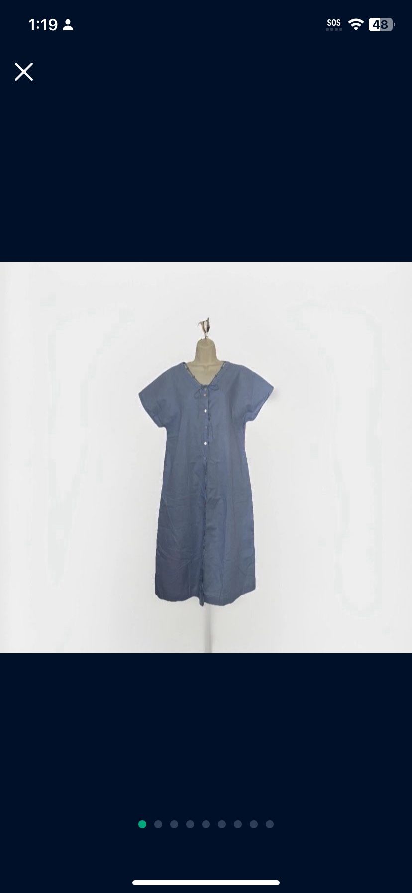 Adult L - XL Lintico Blue Linen Dress Button up Vneck Pockets