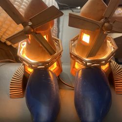 VTG 1950’s Hand carved Wooden  Windmill & Blue Dutch Klump. Made in Holland Lamps 10x10”