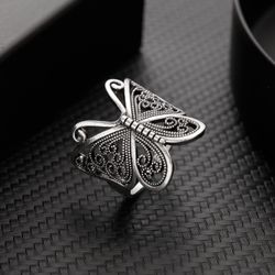 Adjustable Silver Plated Butterfly Ring