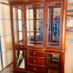 Vintage China Hutch | Great Condition | Mirrored Back | Real Wood- Cherry